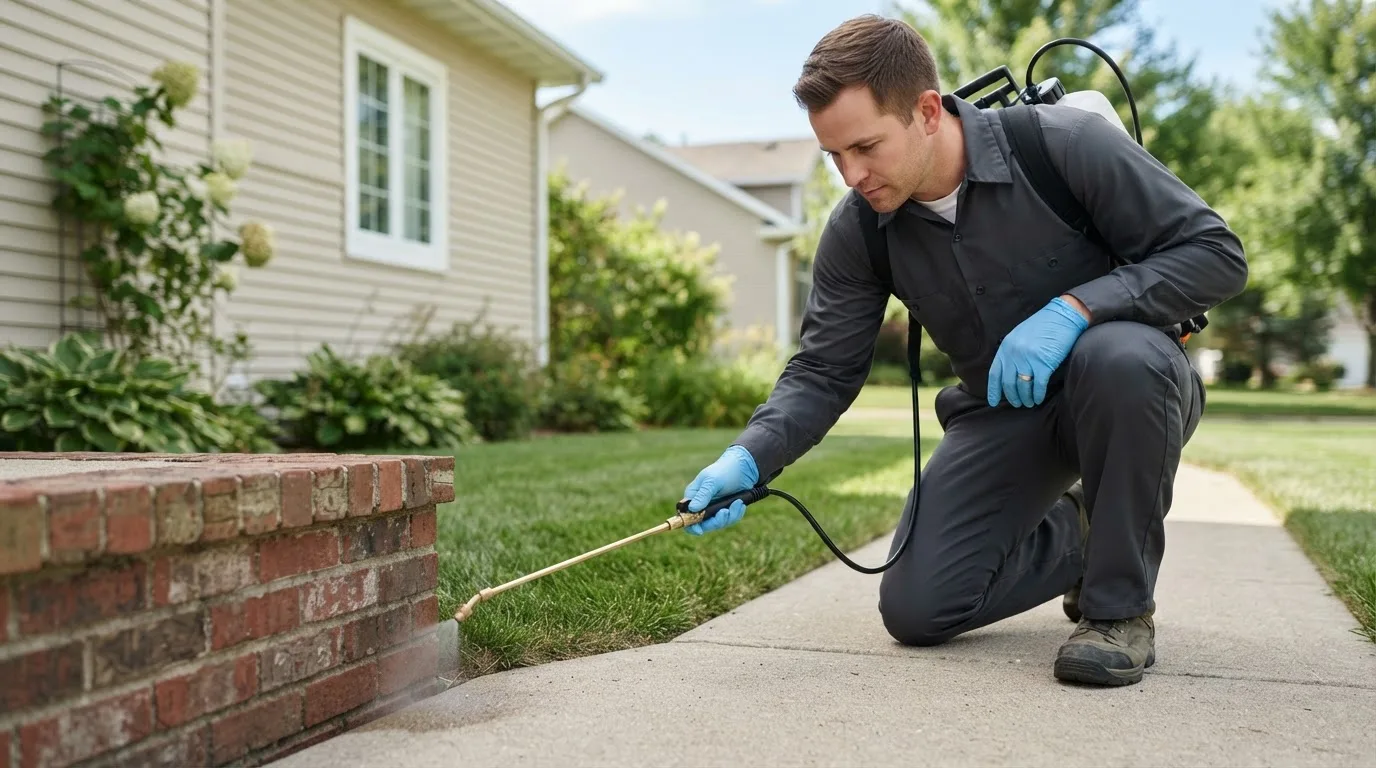 Pest control technician treating a home near Seligman, AZ